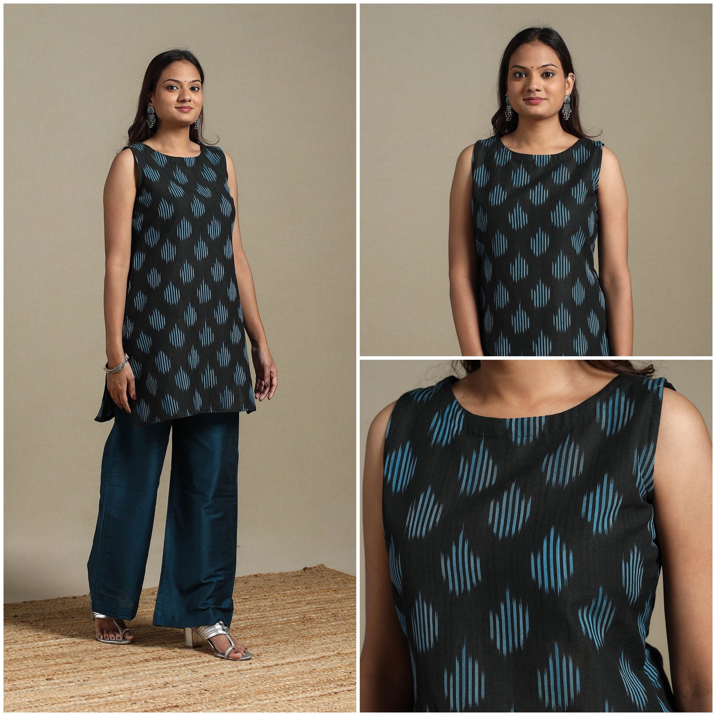 Black - cotton short pochampally ikat kurta 13 - handcrafted