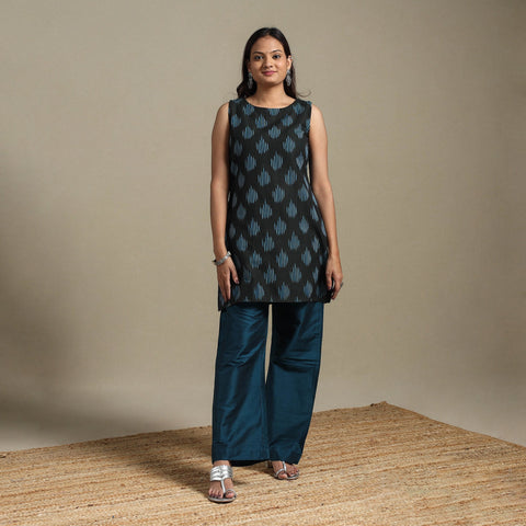 Black - cotton short pochampally ikat kurta 13 - handcrafted