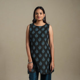 Black - cotton short pochampally ikat kurta 13 - handcrafted