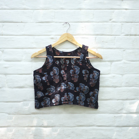 Black Block Print Cotton Stitched Ajrakh Blouse Online