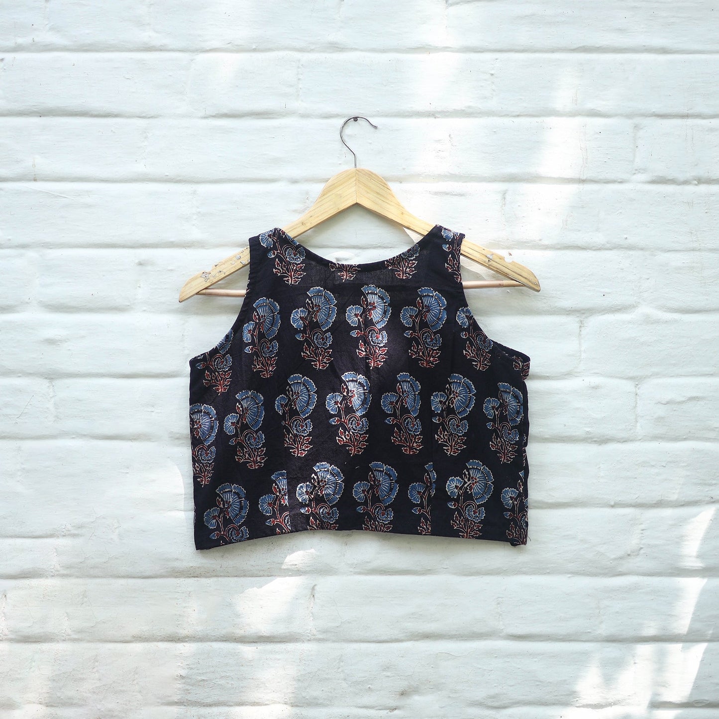 Black Block Print Cotton Stitched Ajrakh Blouse Online