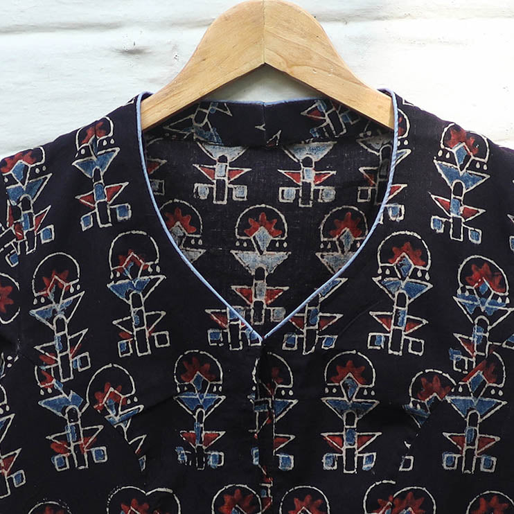 Black Block Print Cotton Stitched Ajrakh Blouse 