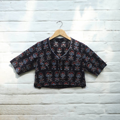 Black Block Print Cotton Stitched Ajrakh Blouse 