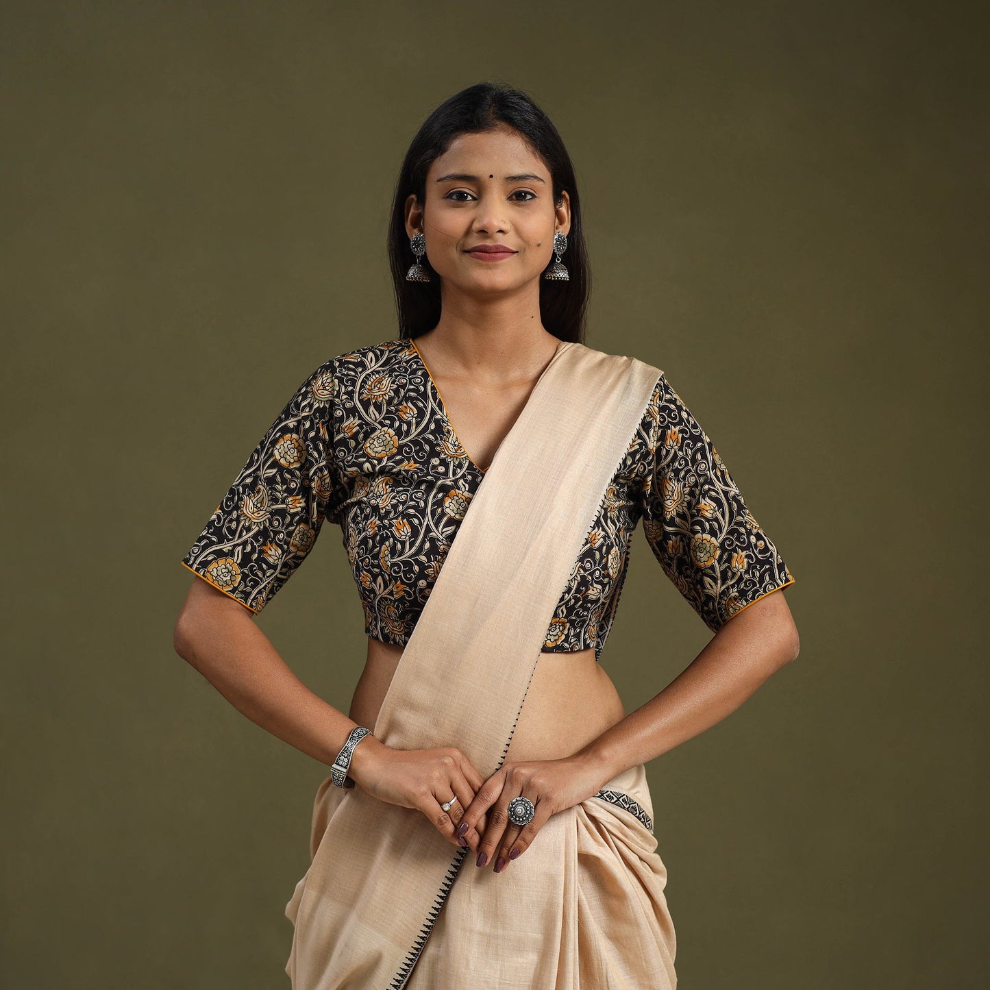 Buy Black Block Print Cotton Stitched Kalamkari Blouse