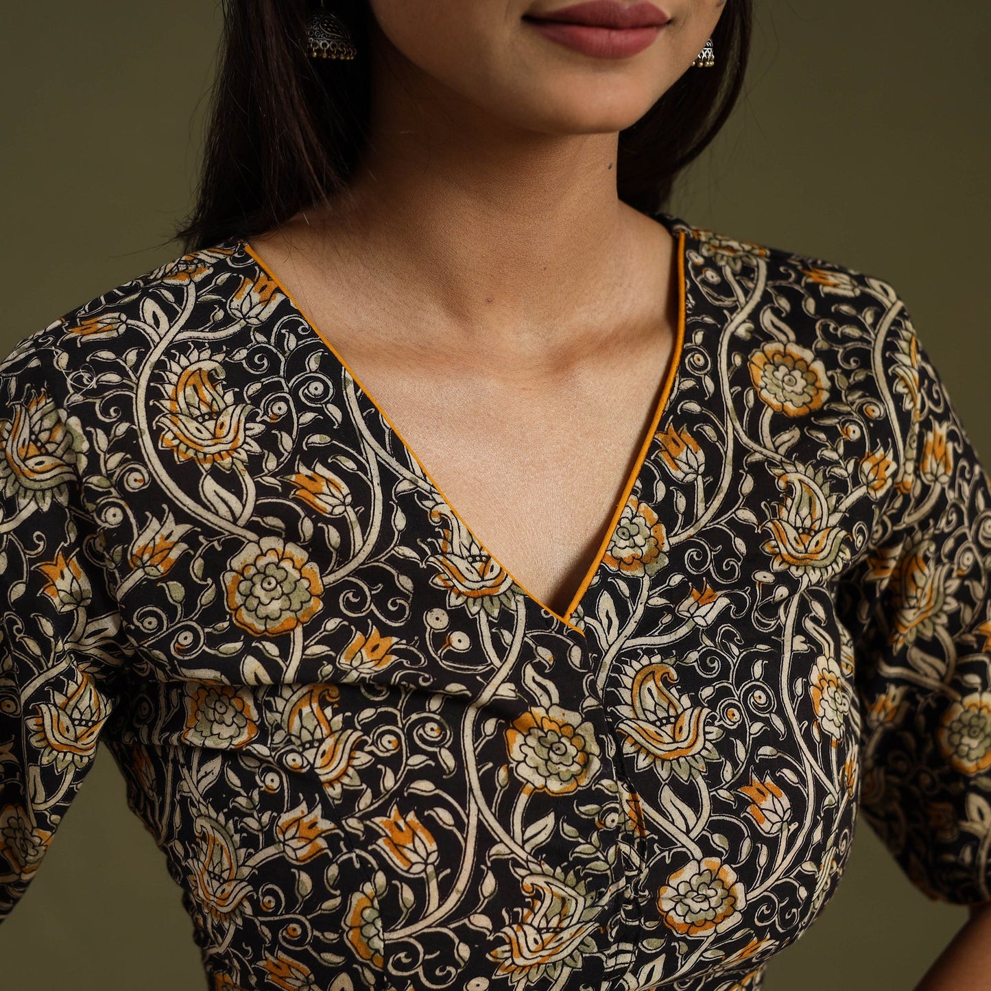 Buy Black Block Print Cotton Stitched Kalamkari Blouse