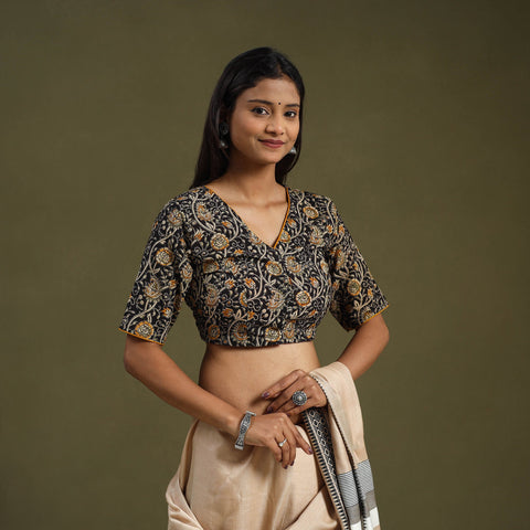 Buy Black Block Print Cotton Stitched Kalamkari Blouse