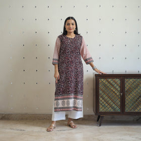  Black Block Print Cotton Straight Bagh Kurta for Women