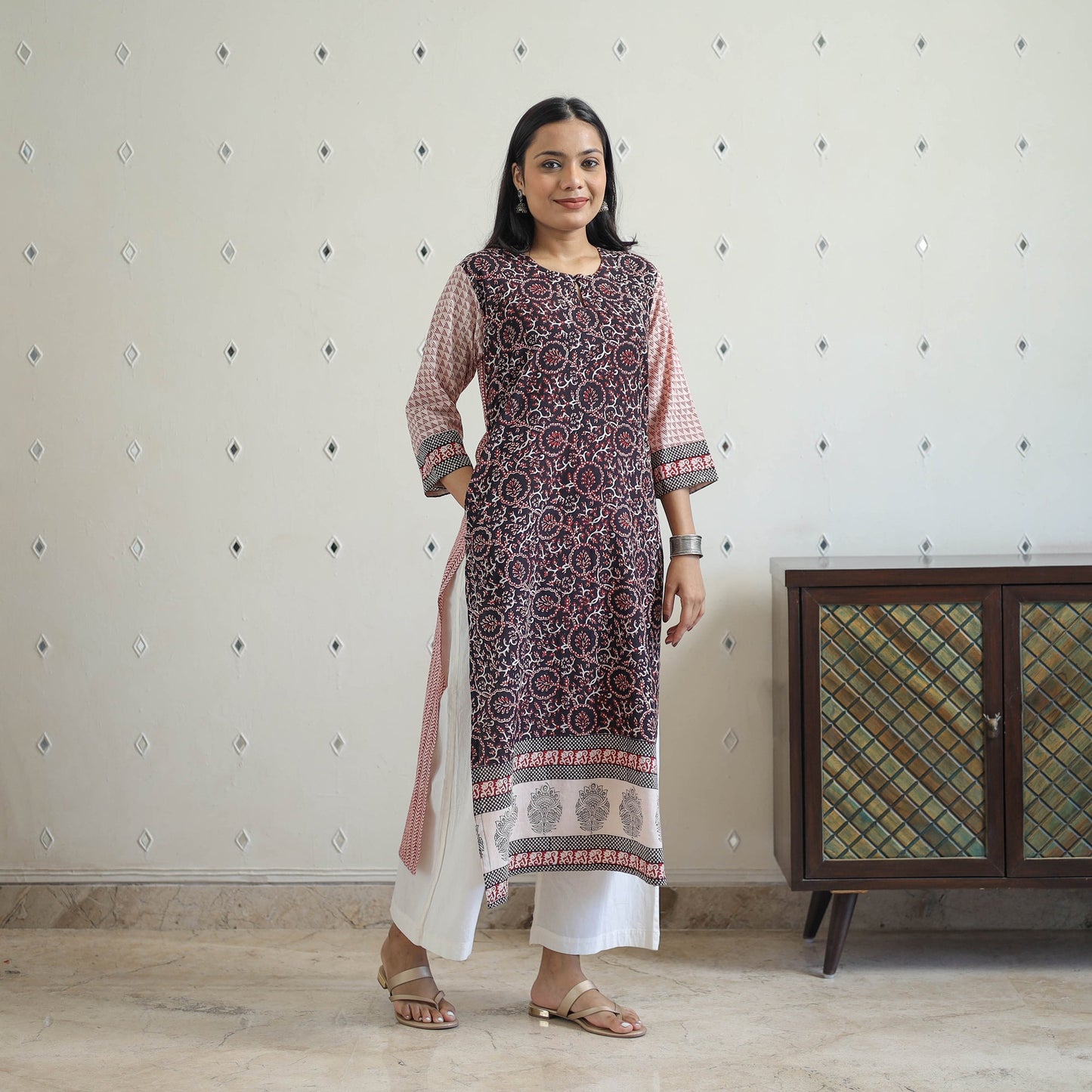  Black Block Print Cotton Straight Bagh Kurta for Women