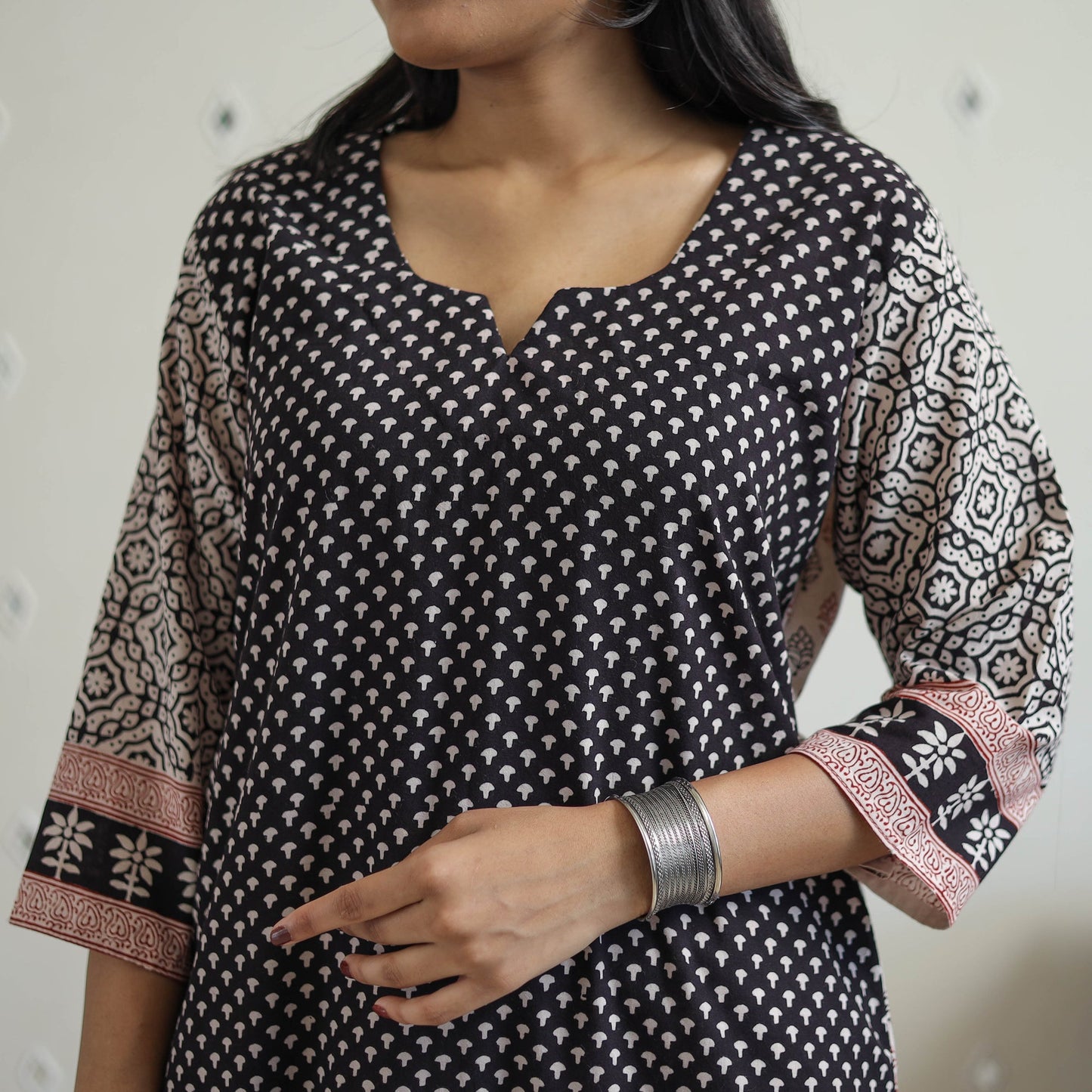 Buy Black Block Print Cotton Straight Bagh Kurta For Women