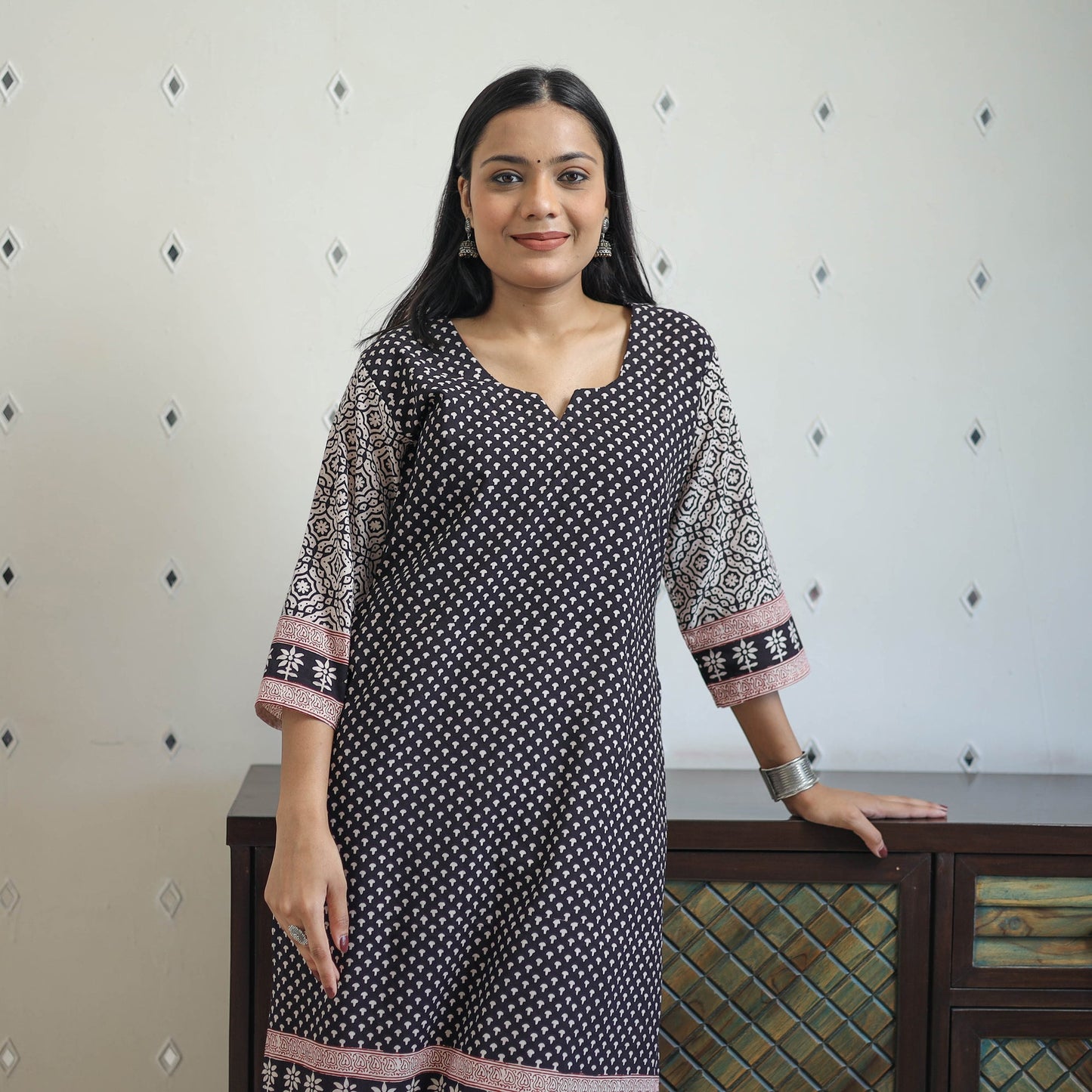 Buy Black Block Print Cotton Straight Bagh Kurta For Women