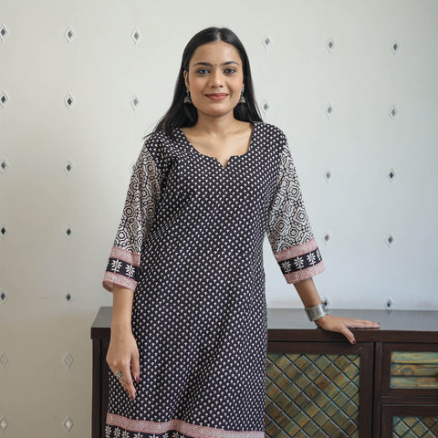 Buy Black Block Print Cotton Straight Bagh Kurta For Women