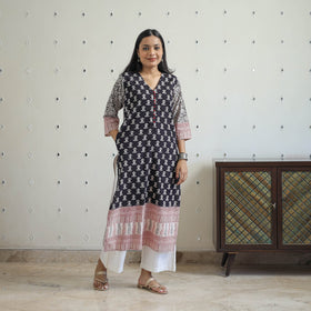 Buy Black Block Print Cotton Straight Bagh Kurta For Women