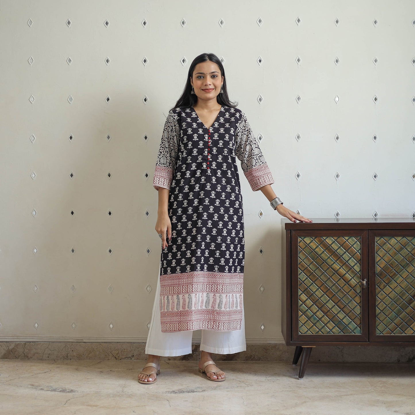 Buy Black Block Print Cotton Straight Bagh Kurta For Women