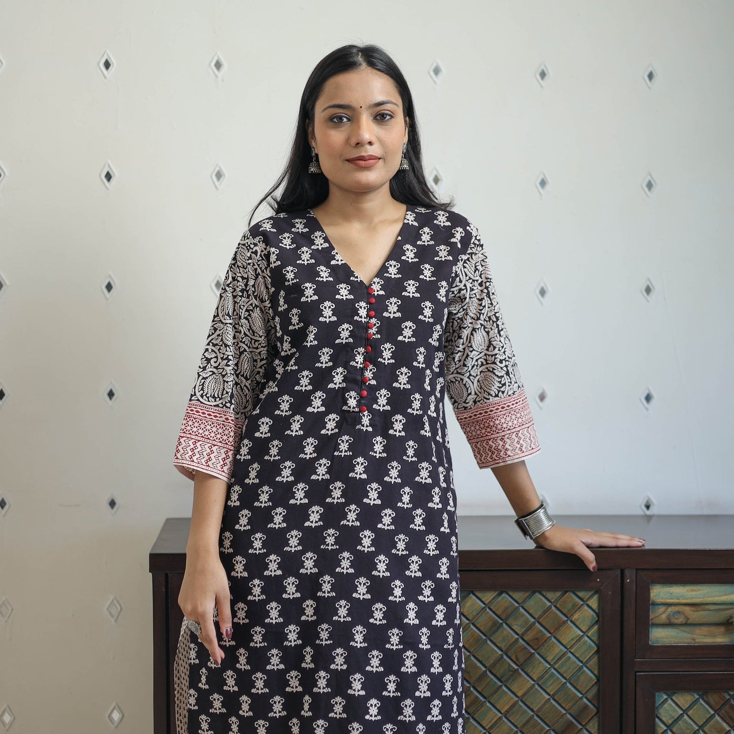 Buy Black Block Print Cotton Straight Bagh Kurta For Women