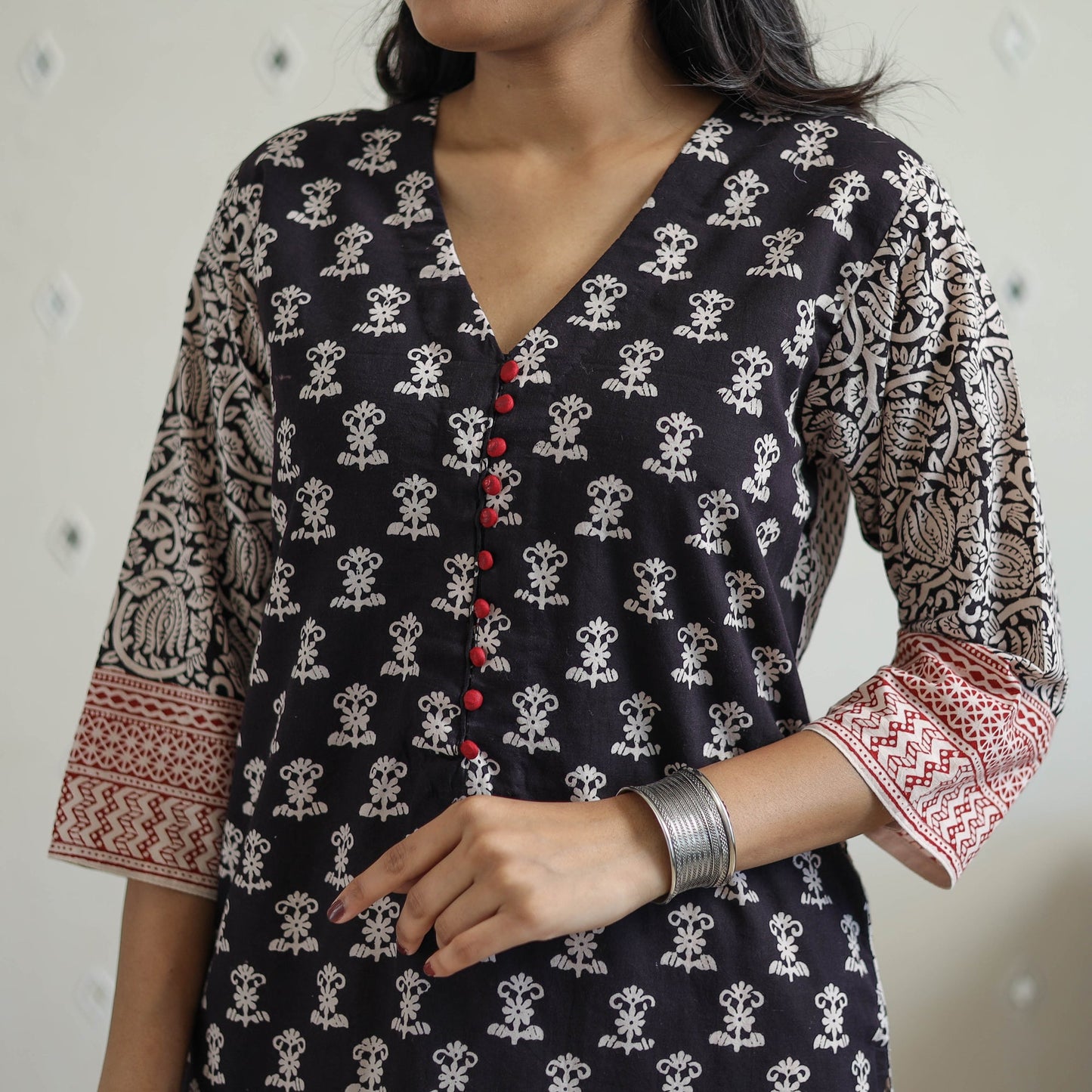 Buy Black Block Print Cotton Straight Bagh Kurta For Women