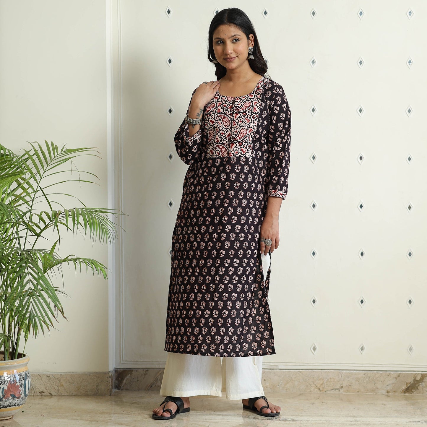 Buy Black - Block Print Cotton Straight Bagh Kurta For Women