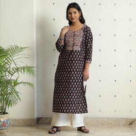 Buy Black - Block Print Cotton Straight Bagh Kurta For Women