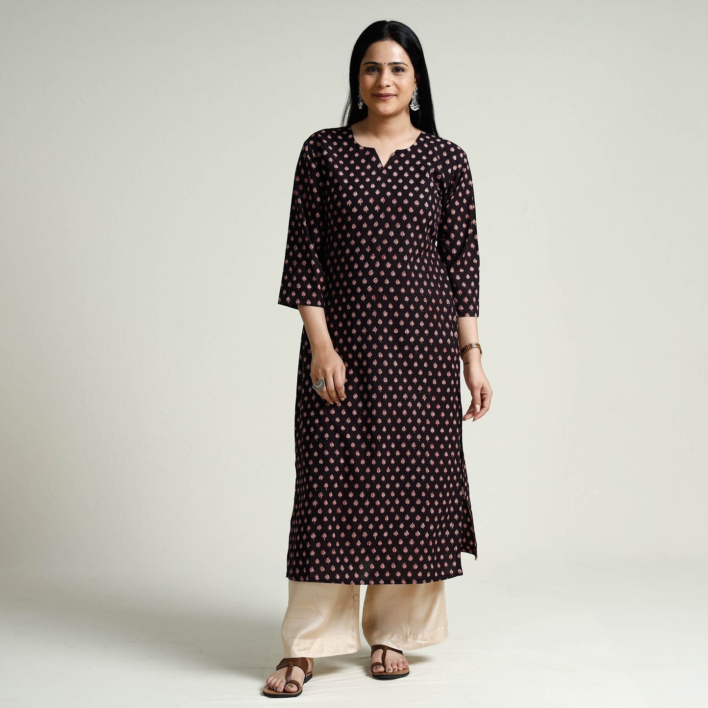 Black Block Print Cotton Straight Bagh Kurta for Women