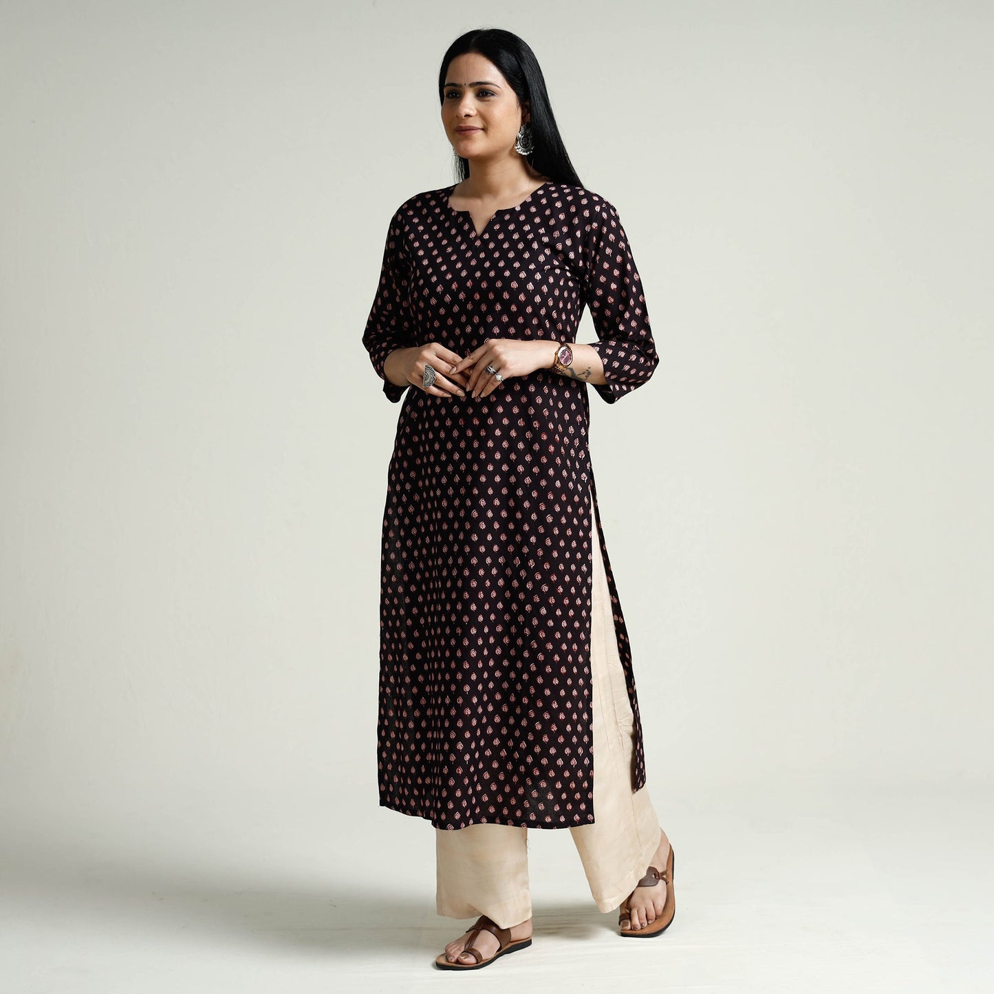 Black Block Print Cotton Straight Bagh Kurta for Women
