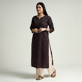 Black Block Print Cotton Straight Bagh Kurta for Women