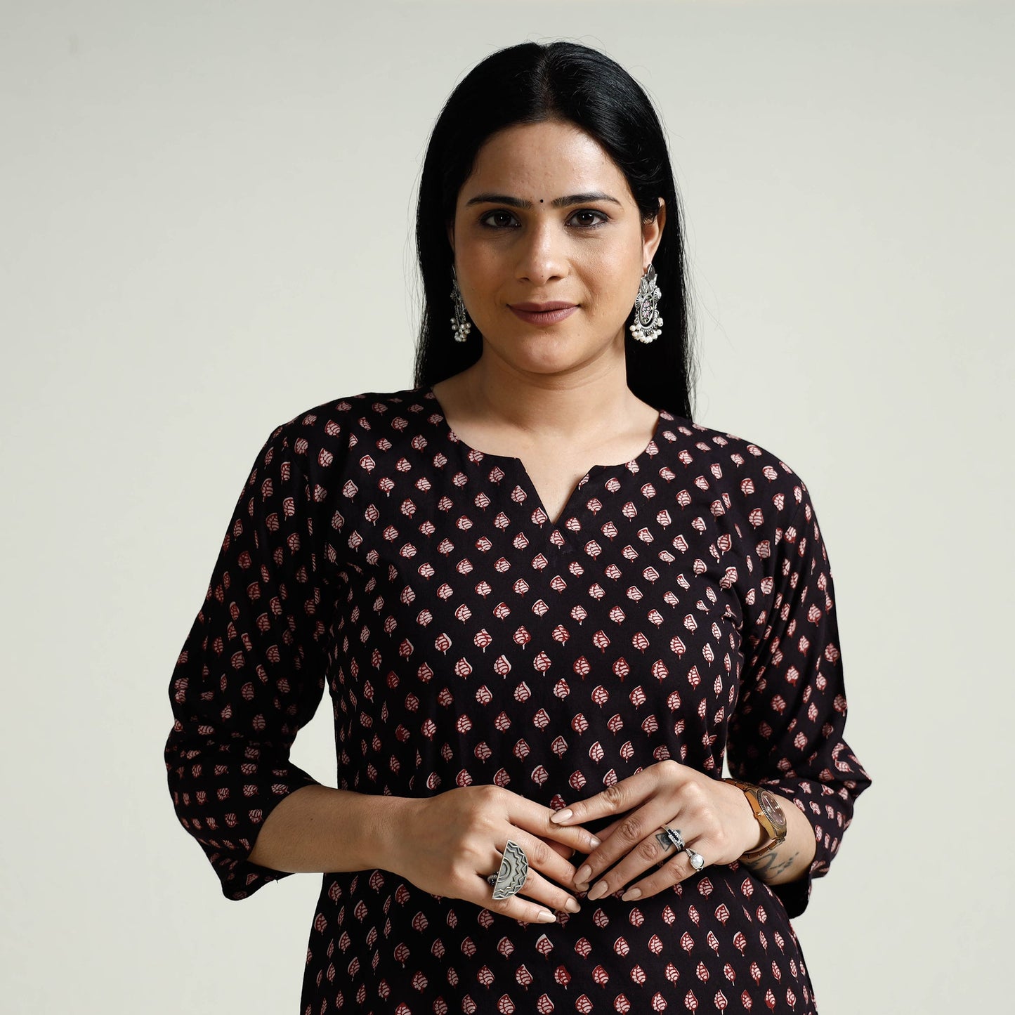 Black Block Print Cotton Straight Bagh Kurta for Women