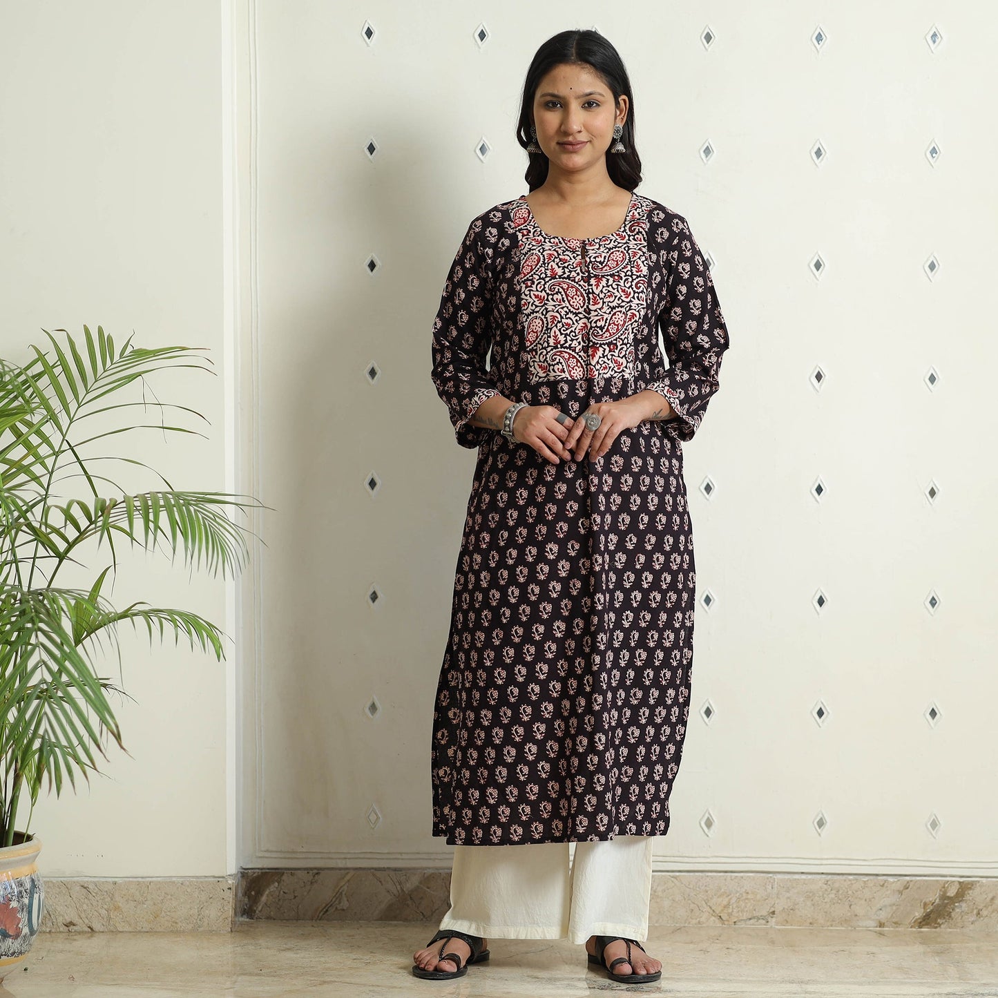 Buy Black - Block Print Cotton Straight Bagh Kurta For Women