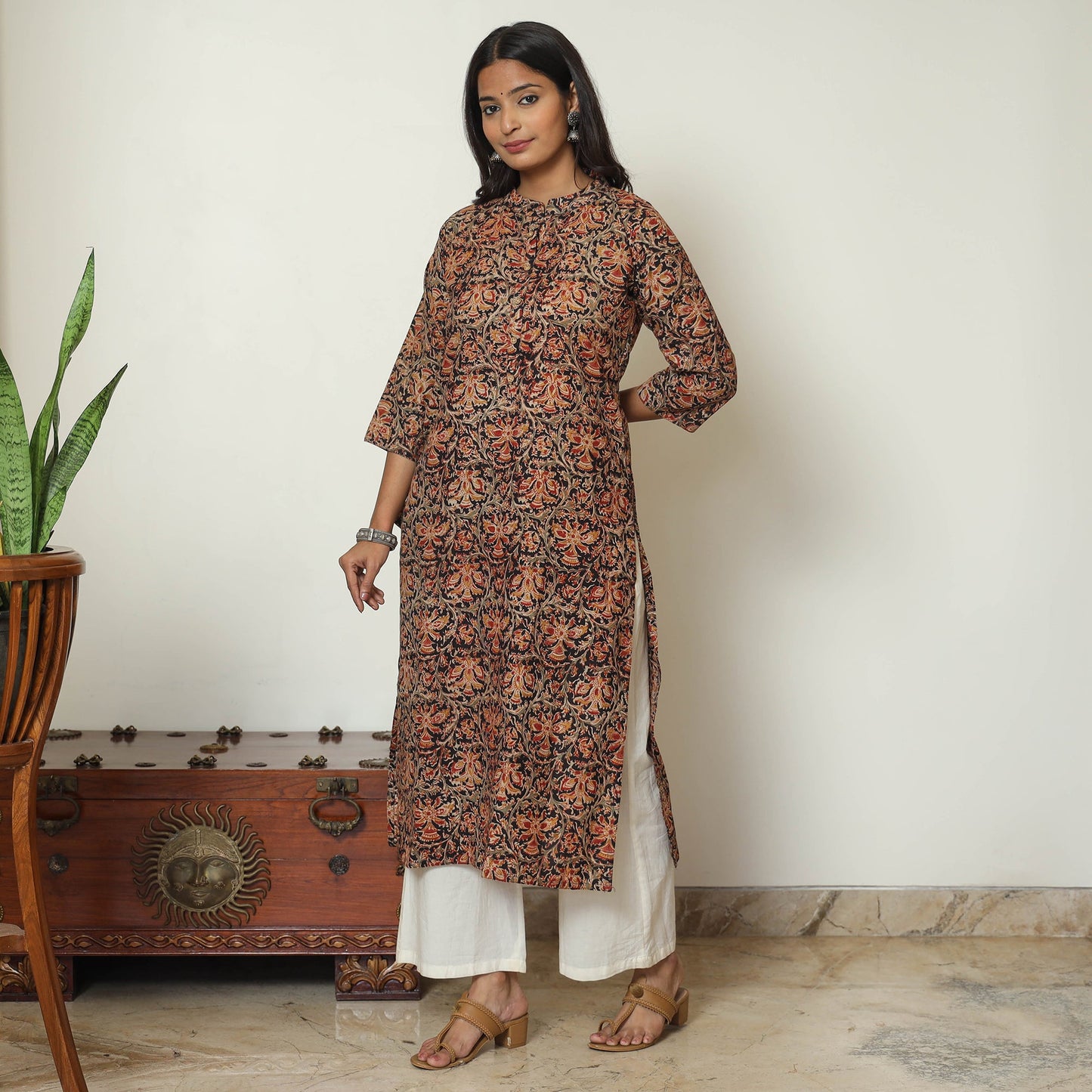 Black Block Print Cotton Straight Kalamkari Kurta