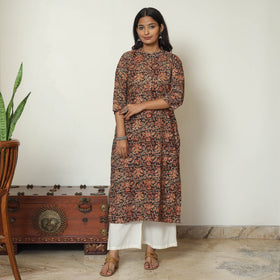 Black Block Print Cotton Straight Kalamkari Kurta