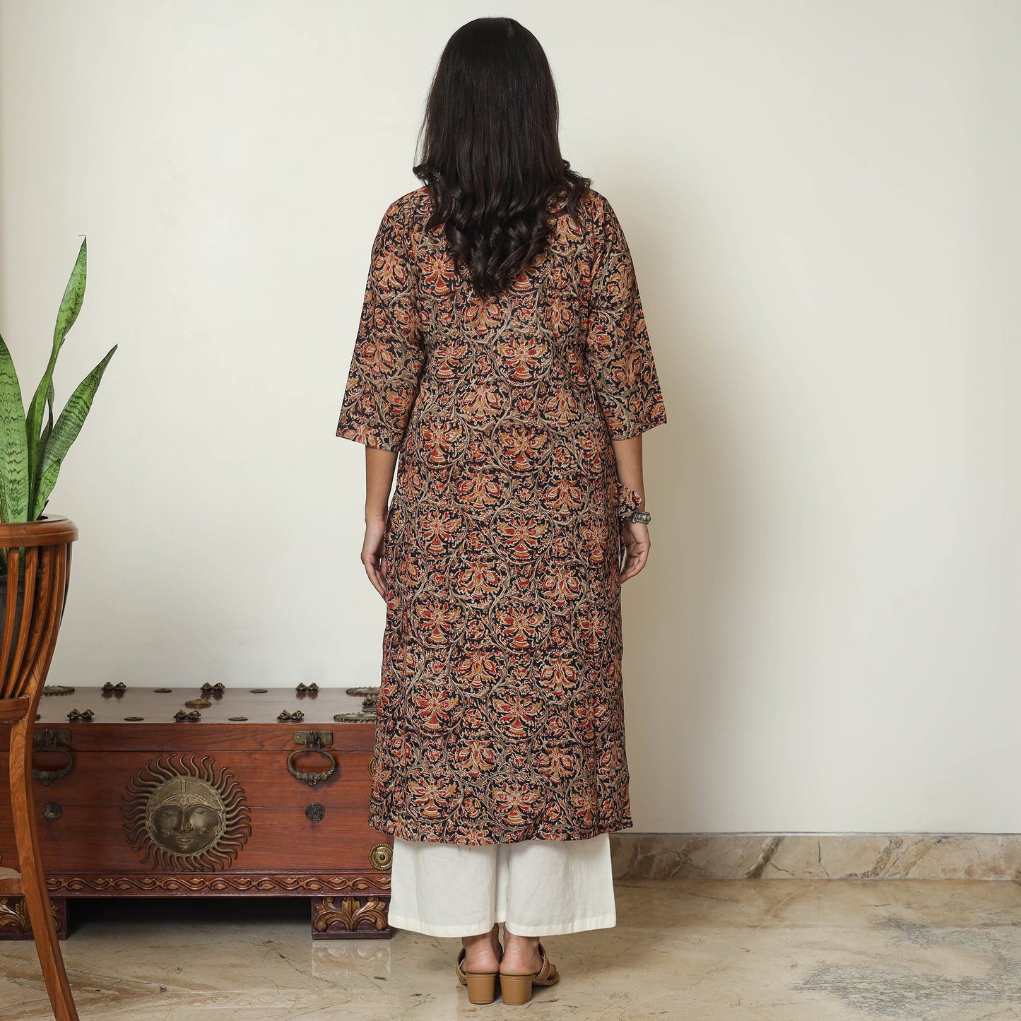 Black Block Print Cotton Straight Kalamkari Kurta
