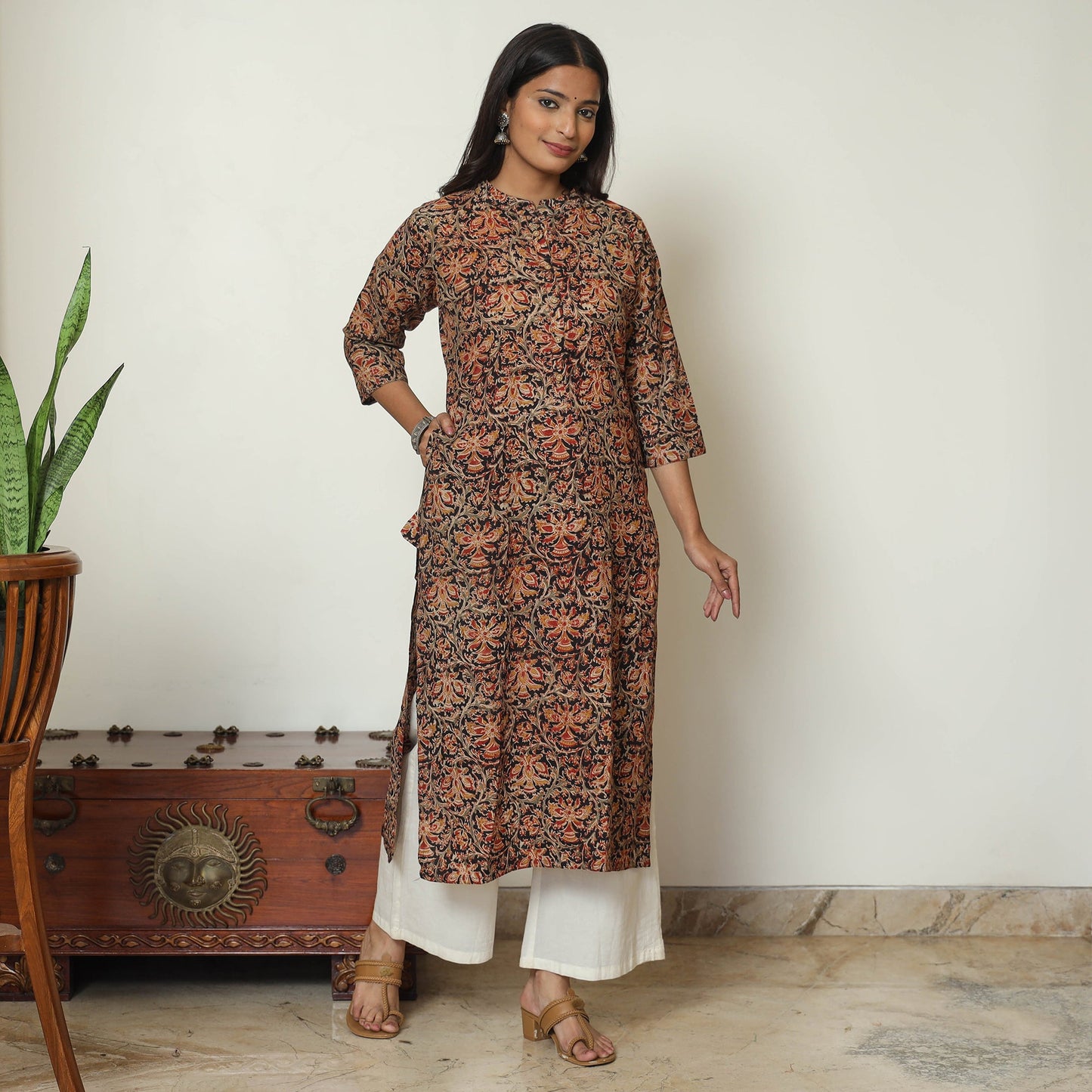 Black Block Print Cotton Straight Kalamkari Kurta