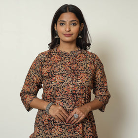 Black Block Print Cotton Straight Kalamkari Kurta