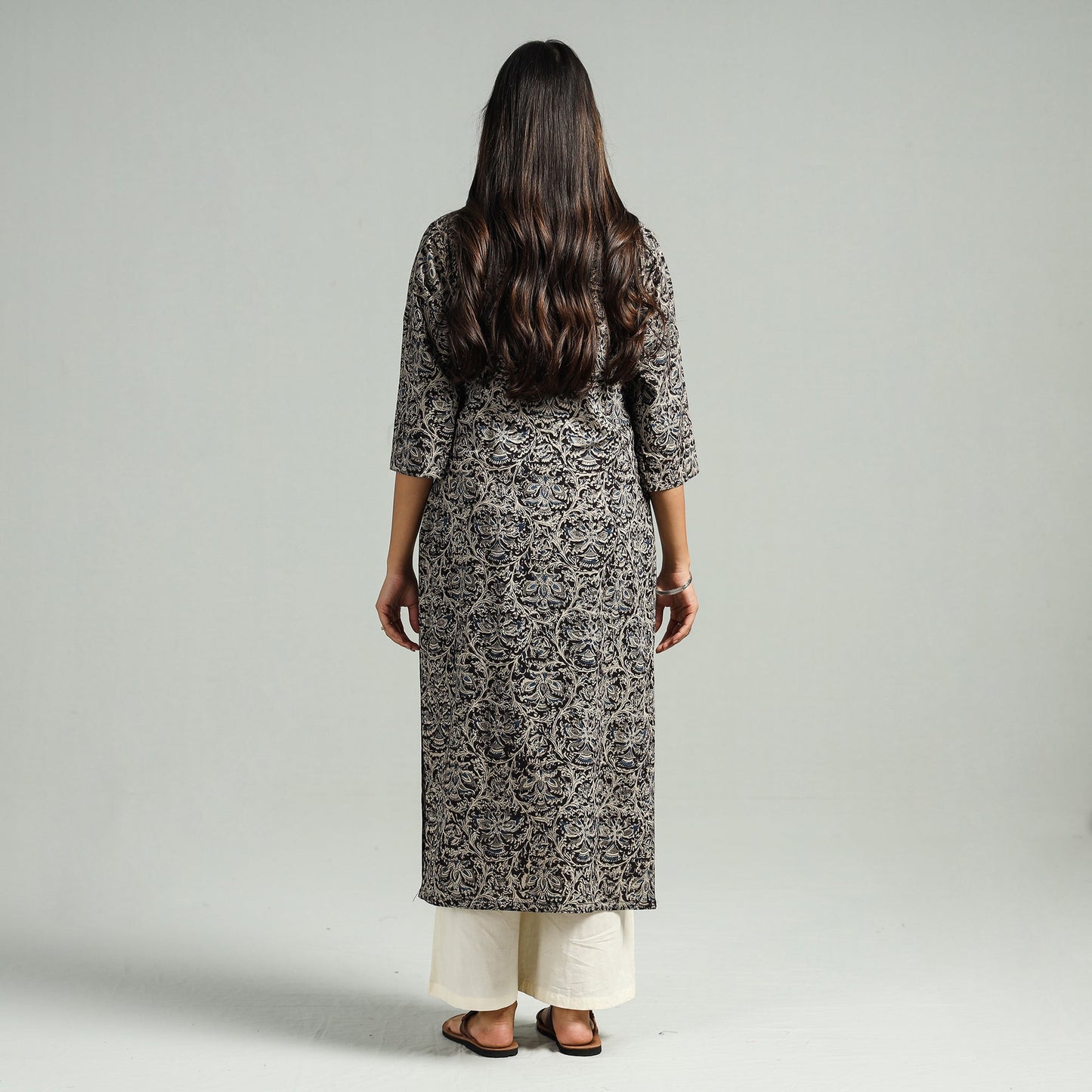 Black Block Print Cotton Straight Kalamkari Kurta