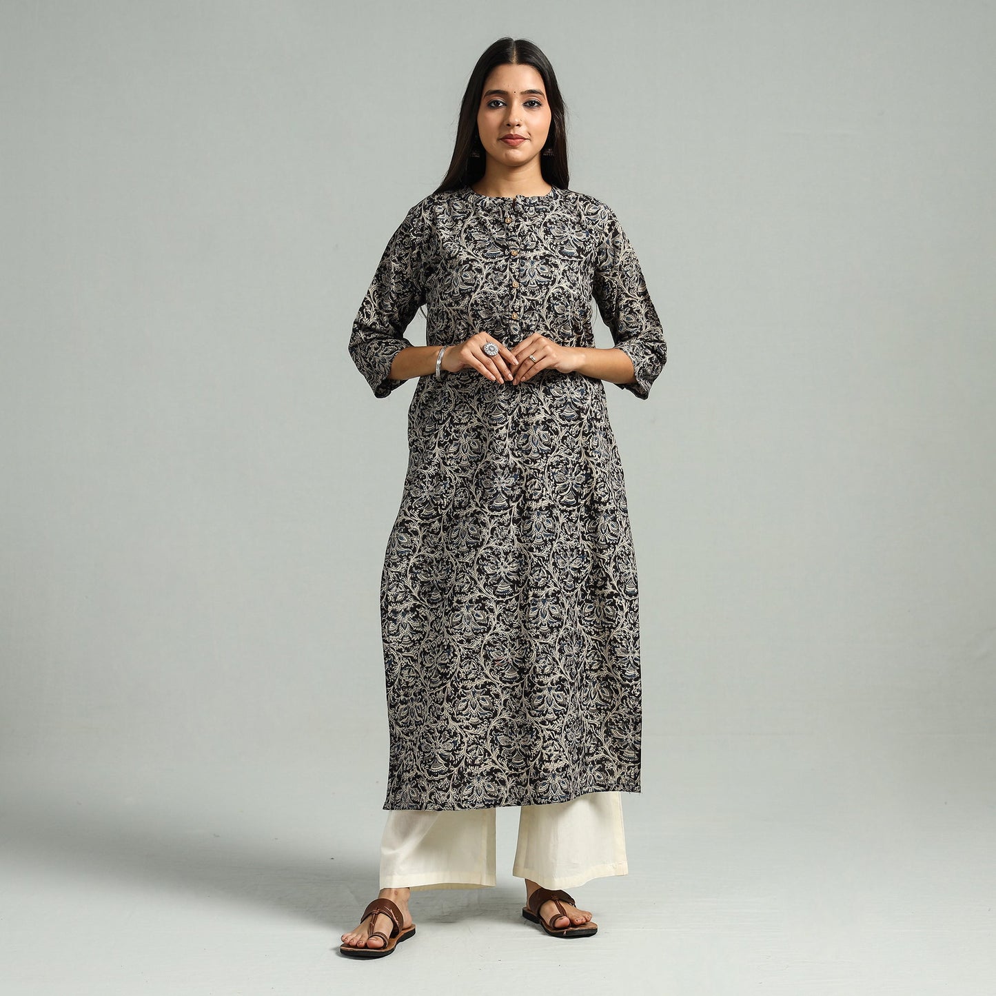 Black Block Print Cotton Straight Kalamkari Kurta
