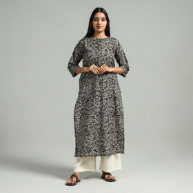Black Block Print Cotton Straight Kalamkari Kurta