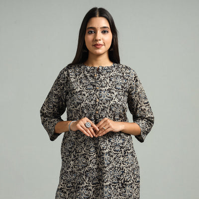 Black Block Print Cotton Straight Kalamkari Kurta