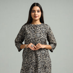 Black Block Print Cotton Straight Kalamkari Kurta