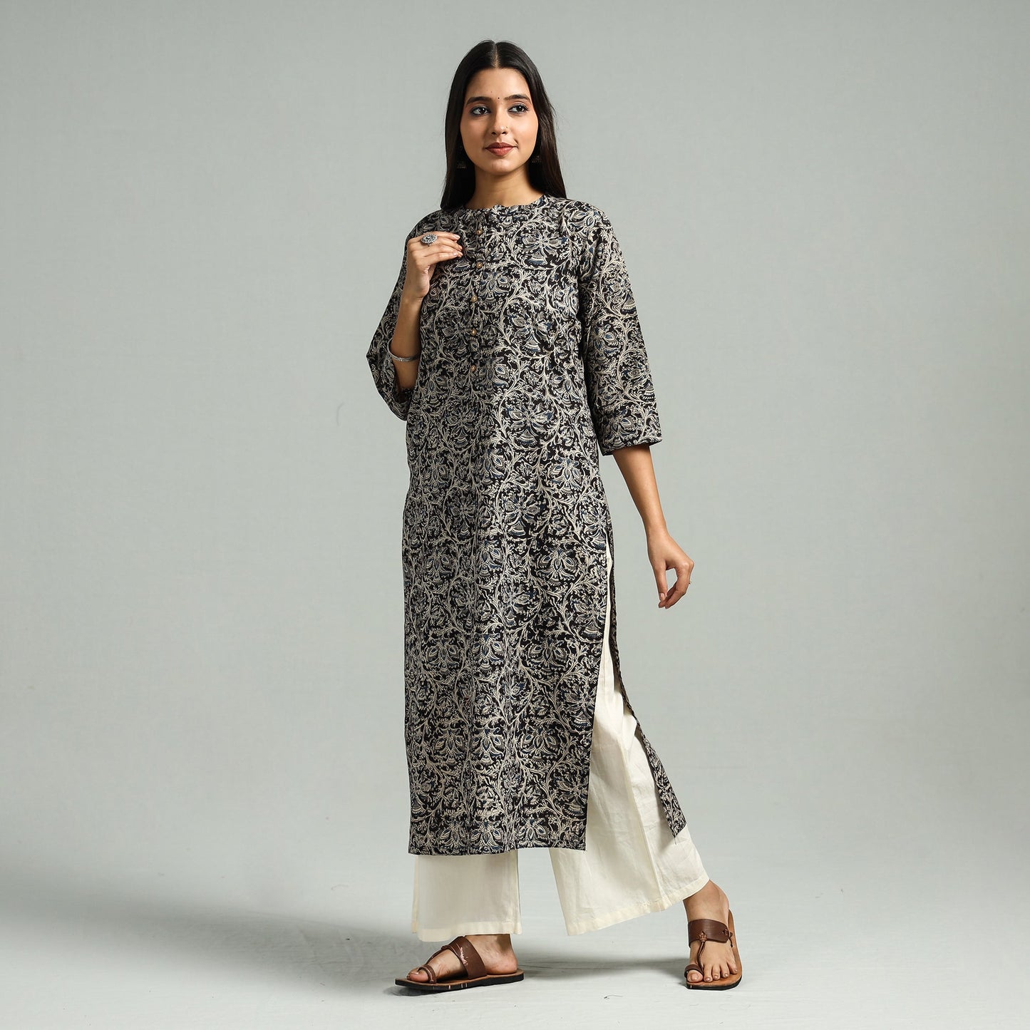 Black Block Print Cotton Straight Kalamkari Kurta