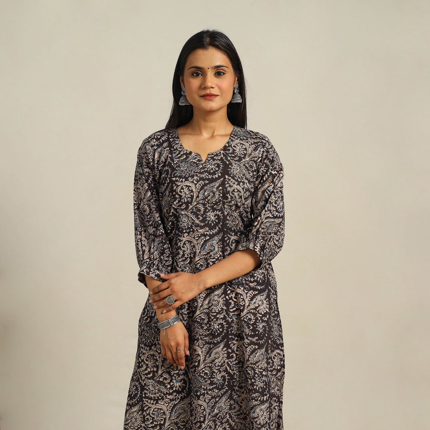  Black Block Print Cotton Straight Kalamkari Kurta For Women