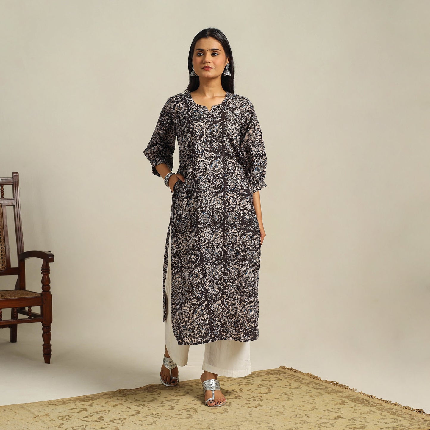  Black Block Print Cotton Straight Kalamkari Kurta For Women