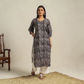  Black Block Print Cotton Straight Kalamkari Kurta For Women