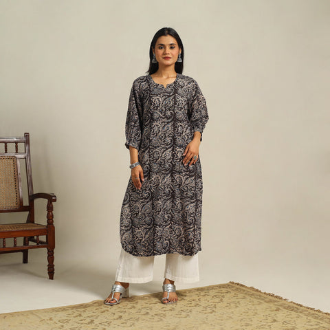  Black Block Print Cotton Straight Kalamkari Kurta For Women