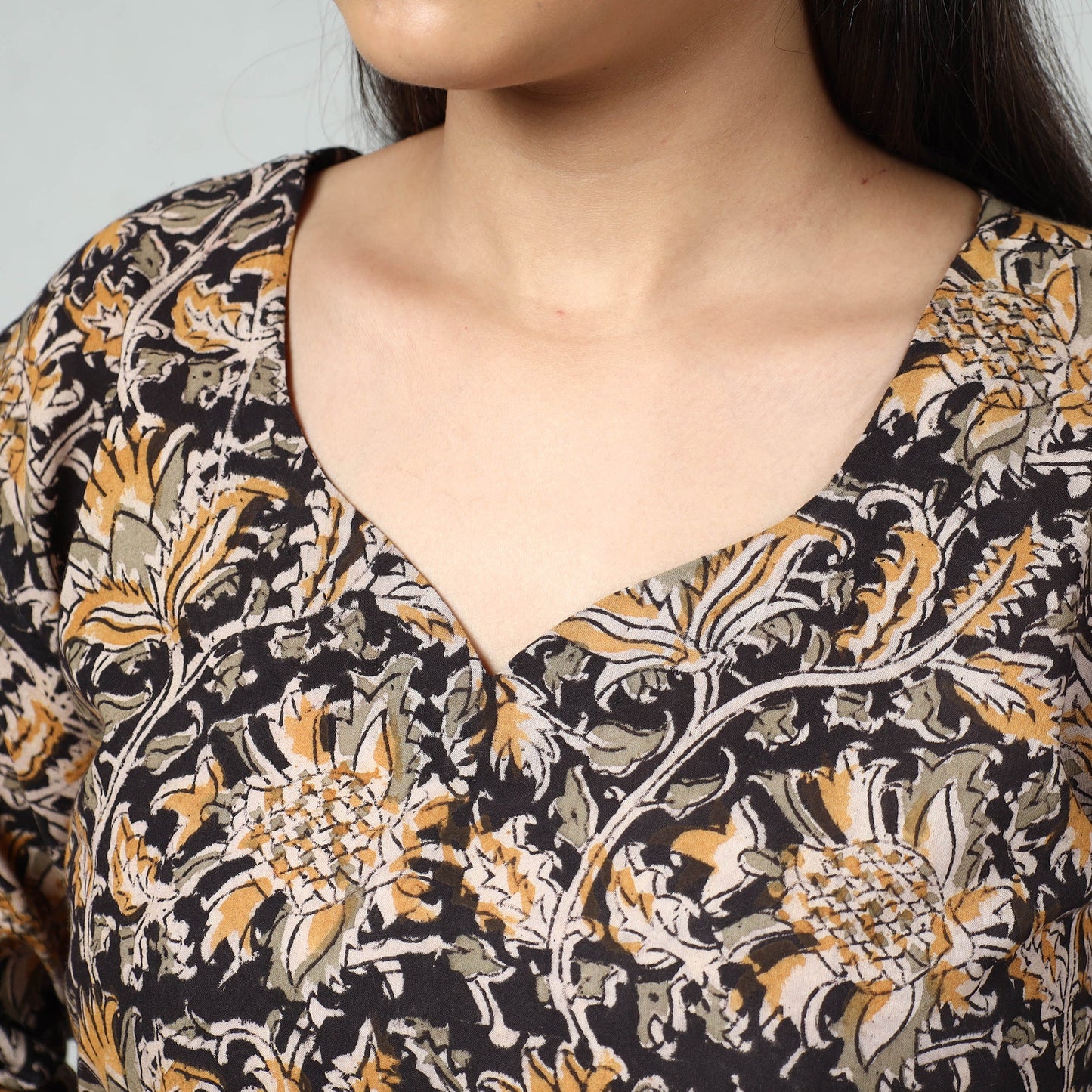 Black Block Print Cotton Straight Kalamkari Kurta For Women