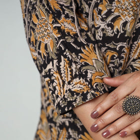 Black Block Print Cotton Straight Kalamkari Kurta For Women
