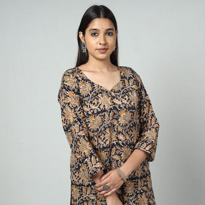 Black Block Print Cotton Straight Kalamkari Kurta For Women