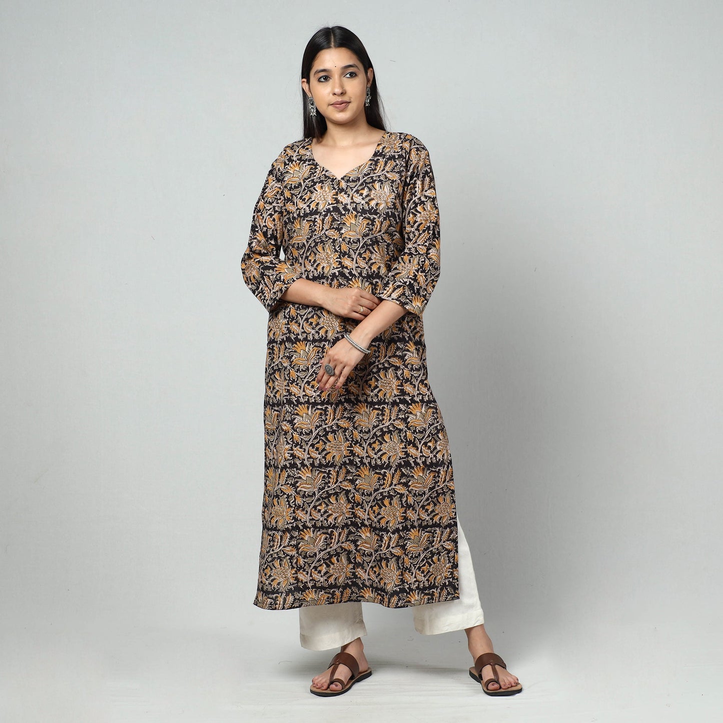 Black Block Print Cotton Straight Kalamkari Kurta For Women
