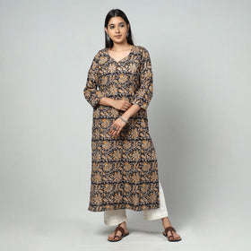 Black Block Print Cotton Straight Kalamkari Kurta For Women