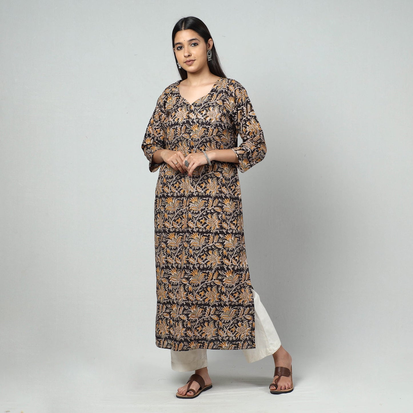 Black Block Print Cotton Straight Kalamkari Kurta For Women