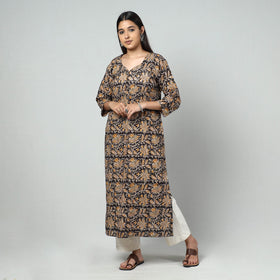 Black Block Print Cotton Straight Kalamkari Kurta For Women