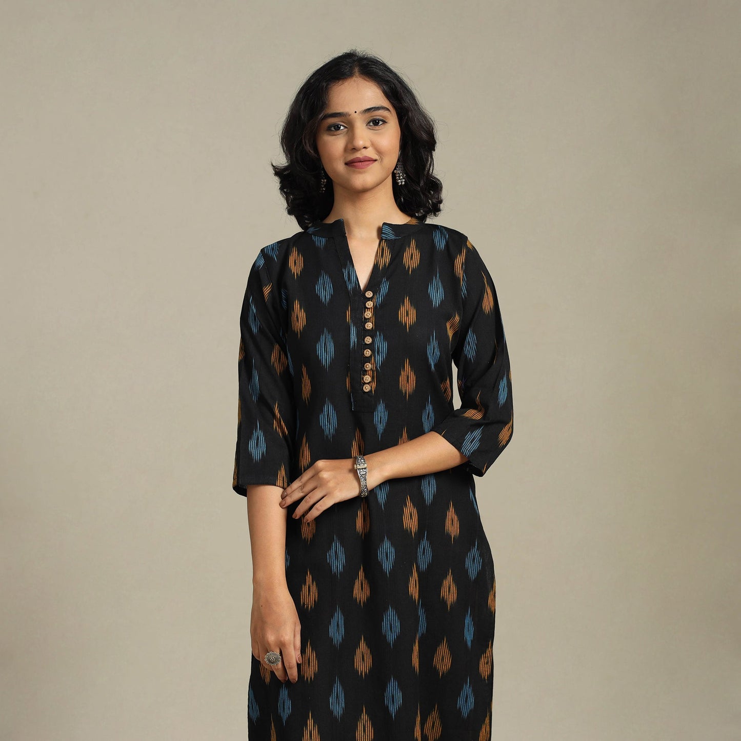 Black Cotton Straight Pochampally Ikat Kurta