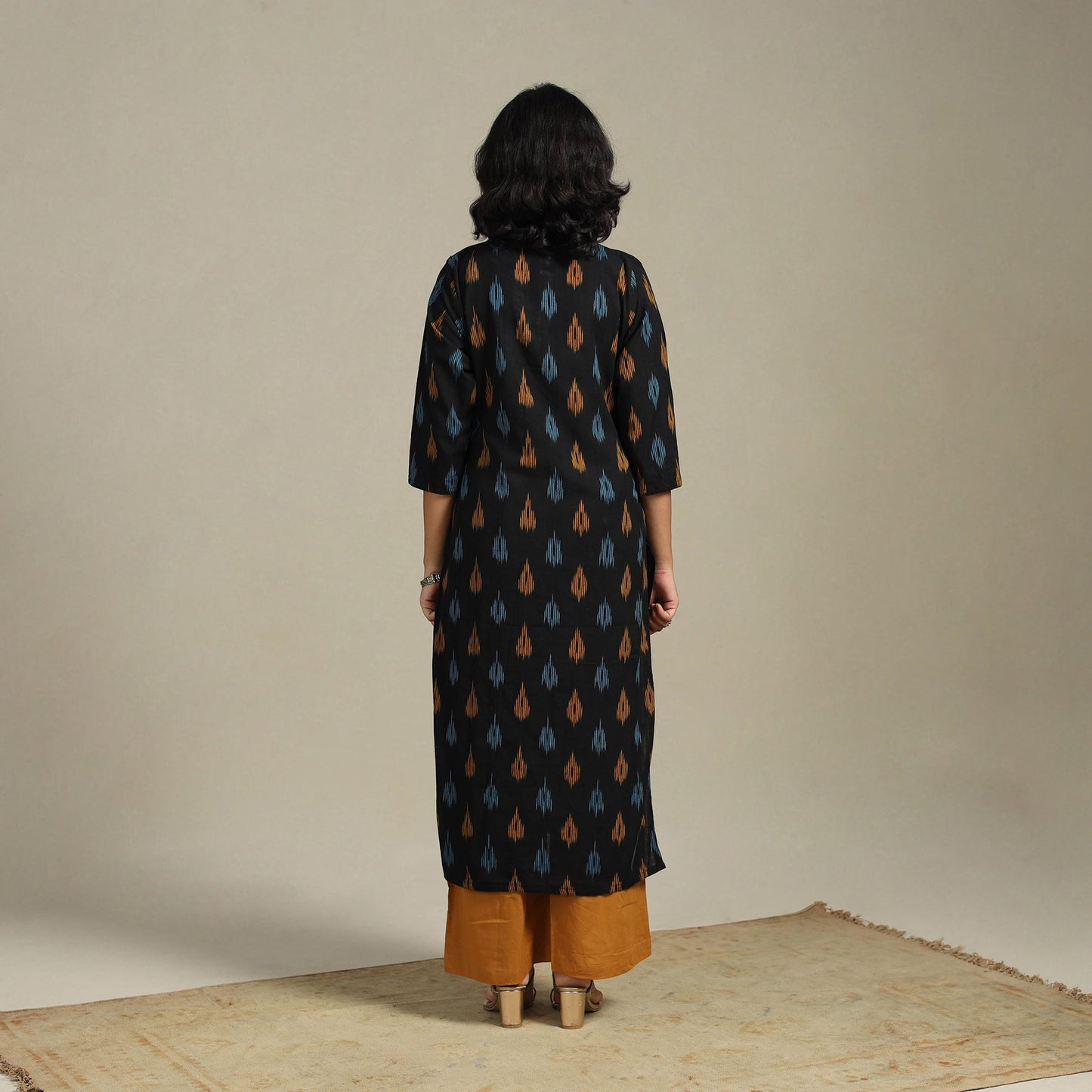 Black Cotton Straight Pochampally Ikat Kurta